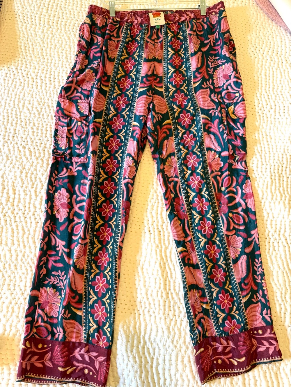 FARM Rio Floral Stripe Pull-On Pants in Teal & Pink